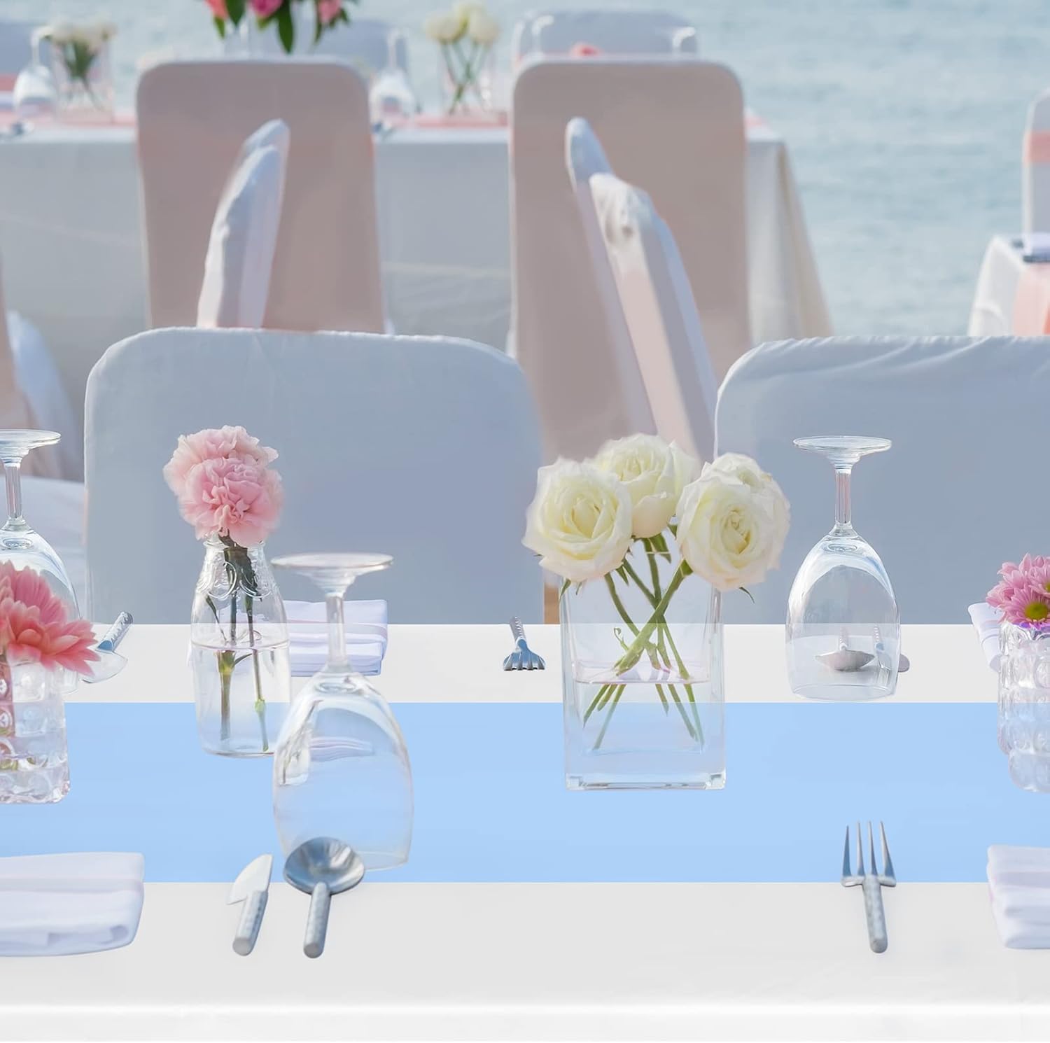 Oudain 3 Pcs Disposable Plastic Tablecloths 54" x 108" for Rectangle Tables Cloths Waterproof Table Cover for Baby Shower Wedding Birthdays Graduation Decoration (Sky Blue)