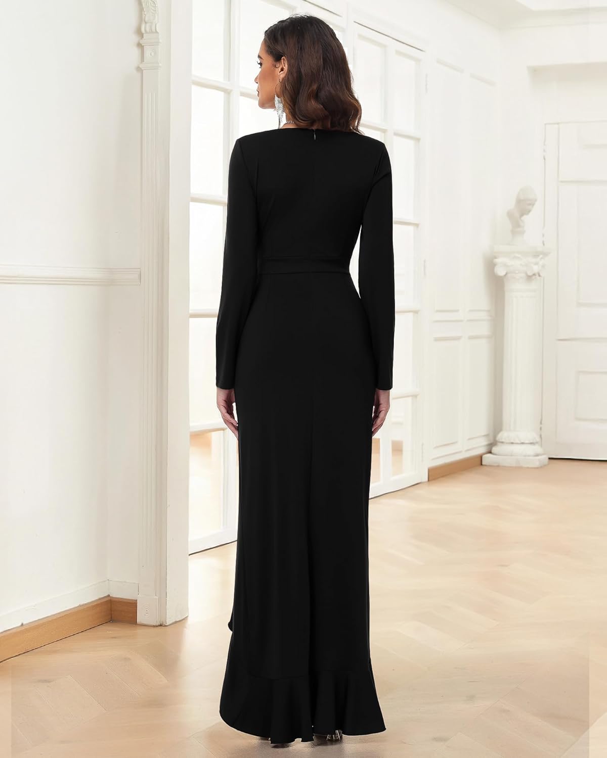 Womens Maxi Dress Long Sleeve Square Neck Bodycon Dress Fall Ruffle Hem Mermaid Cocktail Wedding Guest Long Dress - Image 7