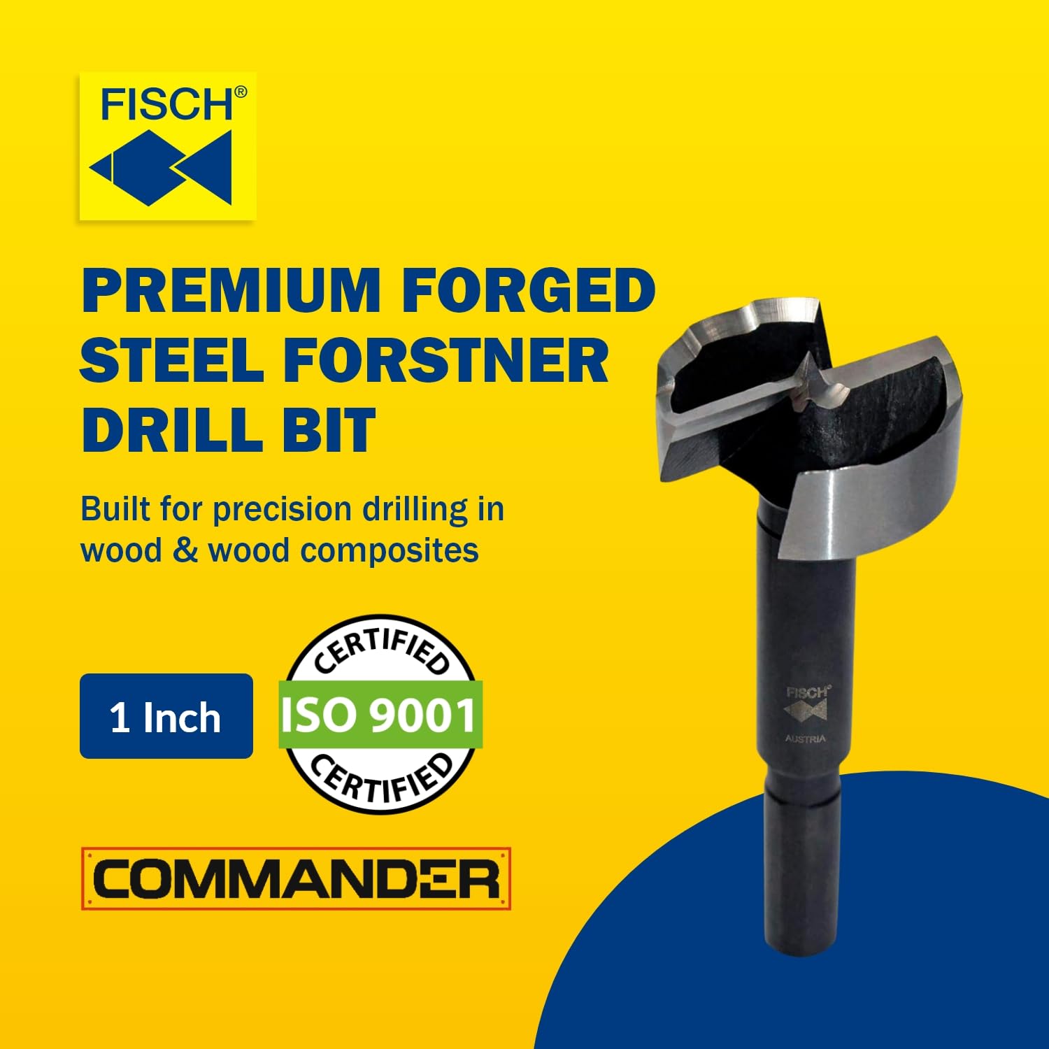 Fisch Black Shark Forged Steel Forstner Drill Bit for Woodworking, Precision Wave Design, Clean Cuts in Hardwoods, MDF, and Plywood, FSA-365792, Made in Austria (1 inch)