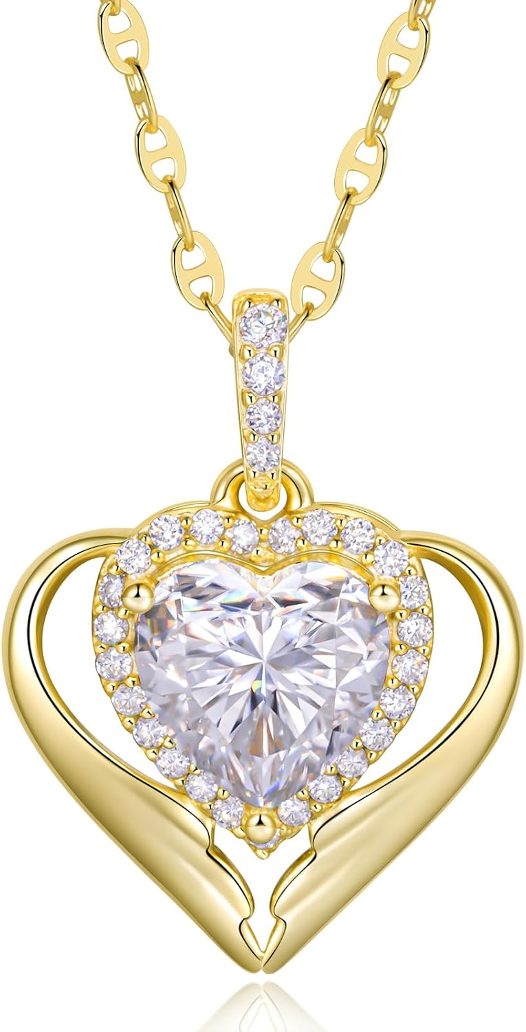 TUHE Moissanite Necklace 0.61-3.27 Carats Heart Necklace Engraved with I LOVE YOU, 14K Gold Necklaces for Women 925 Sterling Silver Non Tarnish Pendant Moissanite Diamond Angel Wings Necklace Gifts
