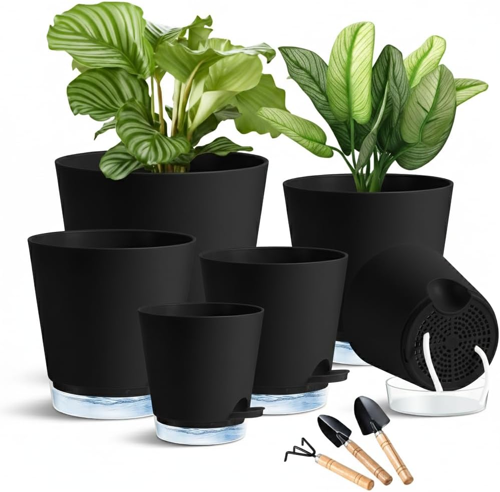 Zishine 6 Pack Self Watering Plant Pots, 4-7 inch Clear Reservoir Black | Visible water level rope, drainage holes, indoor outdoor flower pots with 3 planting tools, multi size 4/5/5.5/6/6.5/7"