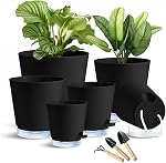 6 Pack Plant Pots with Clear Reservoirs 7/6.5/6/5.5/5/4 inch Plastic Flower Pots with 3 Planting Tools Self Watering Pots Visible Water Level Rope and Drainage Holes for Indoor Outdoor (White)