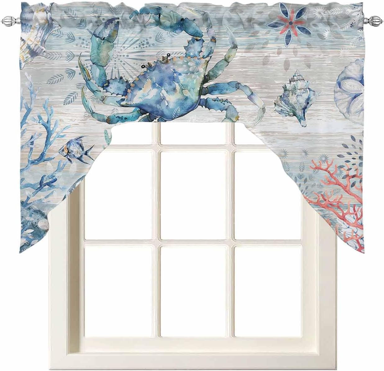 Blue Turtle Swag Valance Kitchen Curtains,Rod Pocket Valance Curtain Panels for Bedroom Living Room Bathroom Cafe Windows,Coastal Coral Sea Starfish Nautical Shell Conch 56''x36''