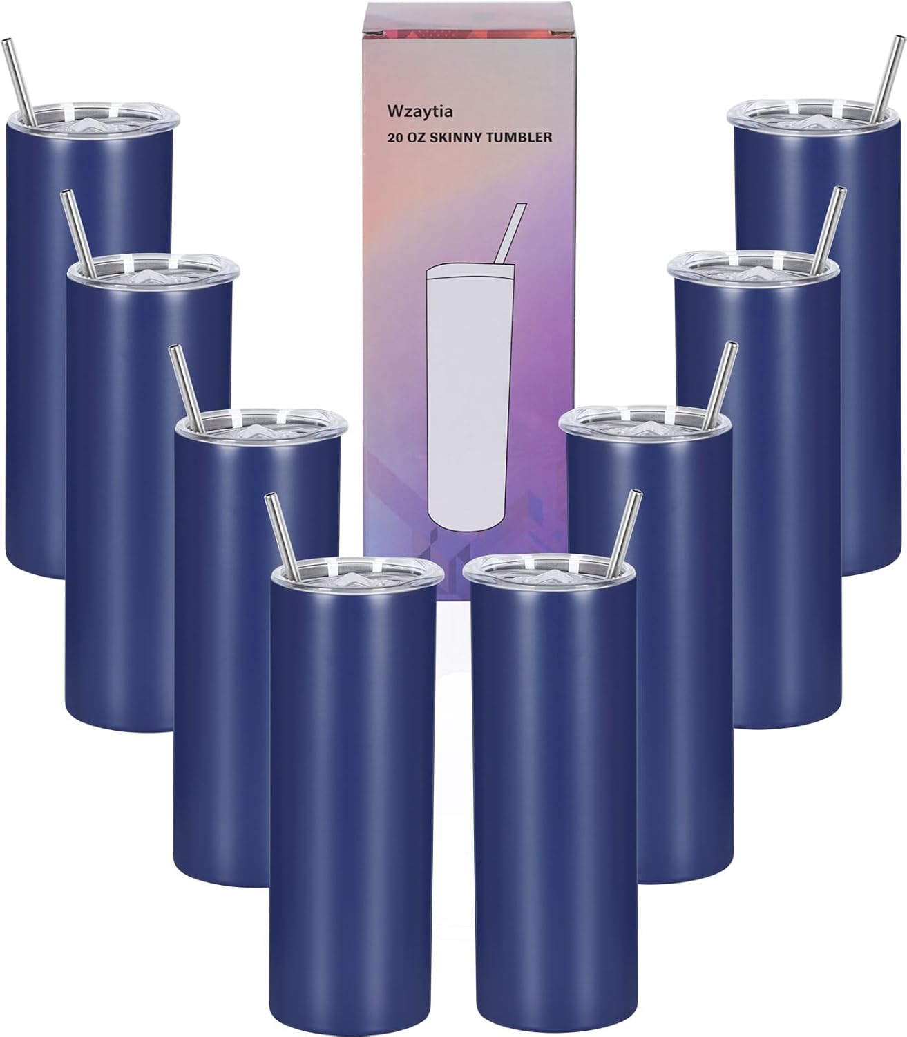 8 Pack 20 Oz Stainless Steel Straight Skinny Tumblers, Insulated Slim Thin Travel Cup Set for DIY, Navy