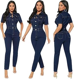 KWTF Enterizo sexy de manga corta para mujer, color azul marino, overol de mezclilla ajustado de longitud completa para mujeres jóvenes