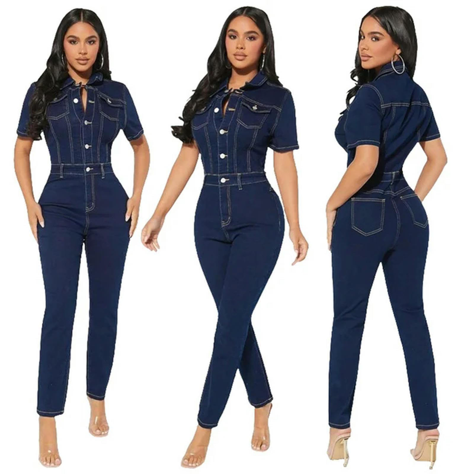 KWTF Combinaison sexy extensible à manches courtes en jean pour femme, bleu marine, M