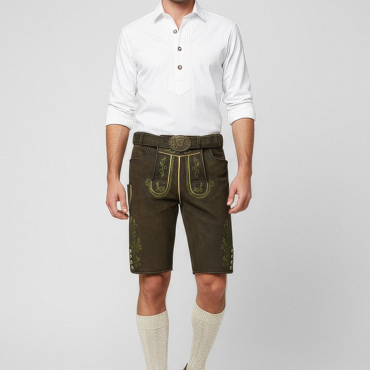 Krüger Lederhose Milian Herren | kurz mit Gürtel Hose aus Ziegenvelours-Leder | Dunkelbraun grün