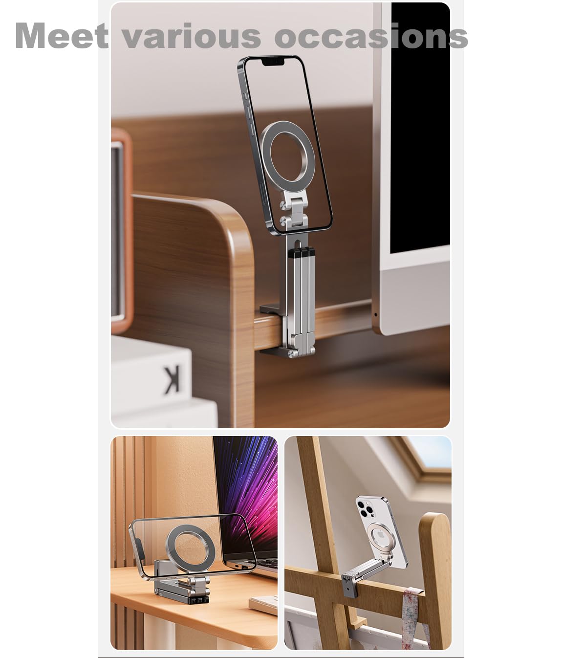 Treppiede magnetico tascabile per MagSafe, supporto pieghevole multifunzionale per telefono, supporto da scrivania, portatile, portatile, da viaggio, con vestibilità universale con anello in metallo