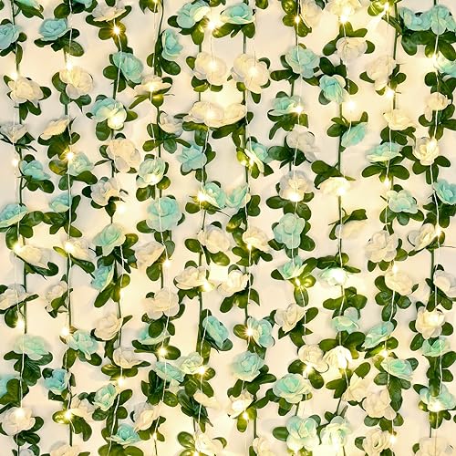 BLEUM CADE 12Pcs 16.4Ft Fake Flower Garland Faux Rose Vines with Lights