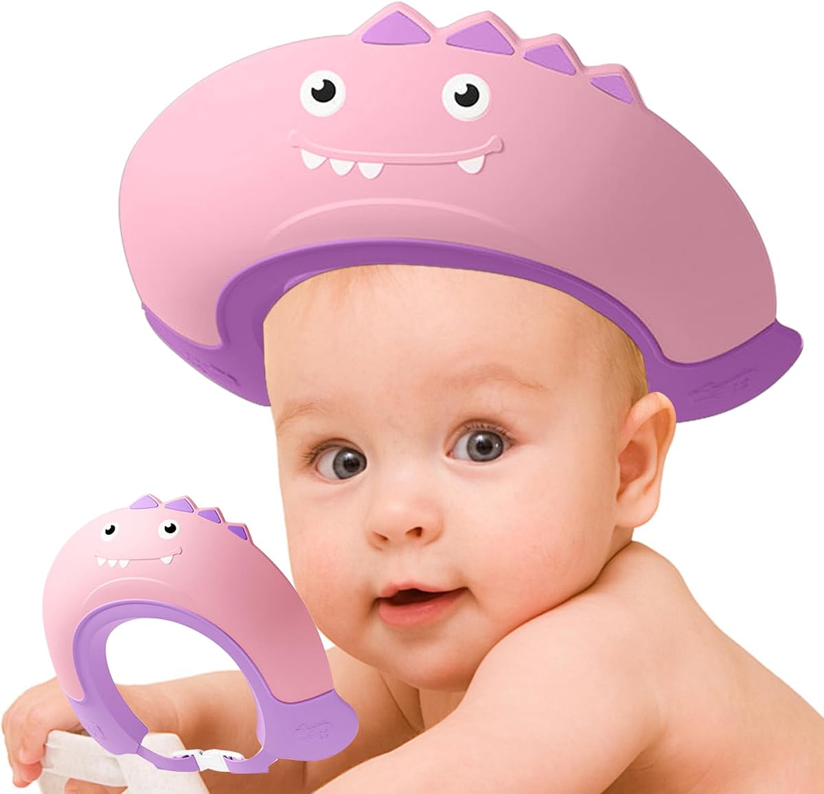 Thcbme Gorro de ducha para bebé, gorro de ducha para niños, gorro de visera para protección de ojos y oídos para niños de 0 a 9 años, la linda forma de dinosaurio hace que el baño del bebé sea más divertido... (Rosa)