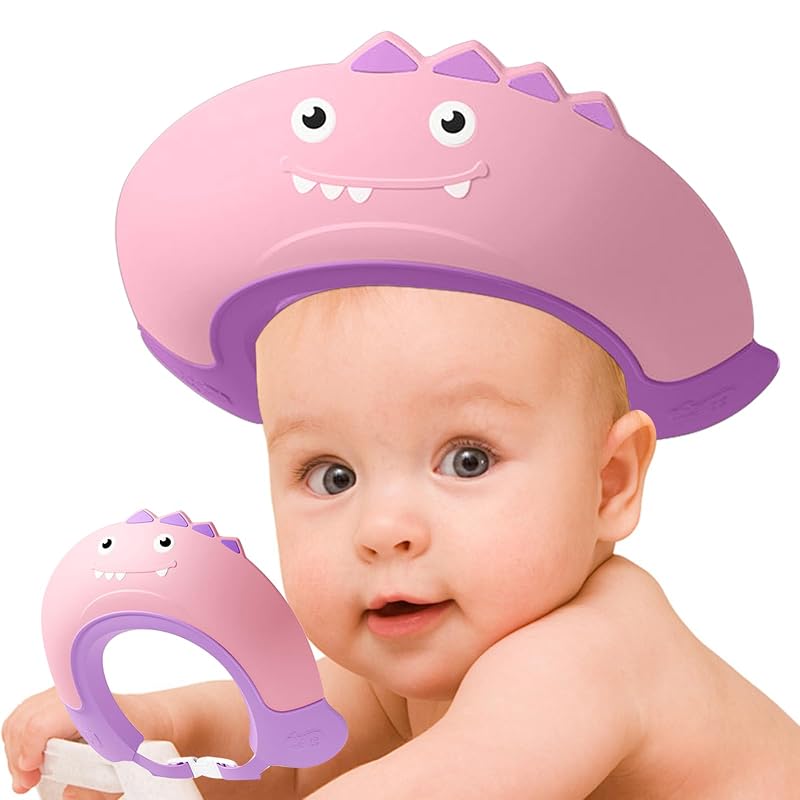 Thcbme Baby Shower Cap Shield, Shower Cap for Kids, Visor Hat for Eye and Ear Protection for 0-9 Years Old Children,Cute Dinosaur shape Makes the Baby Bath More Fun… (Pink)