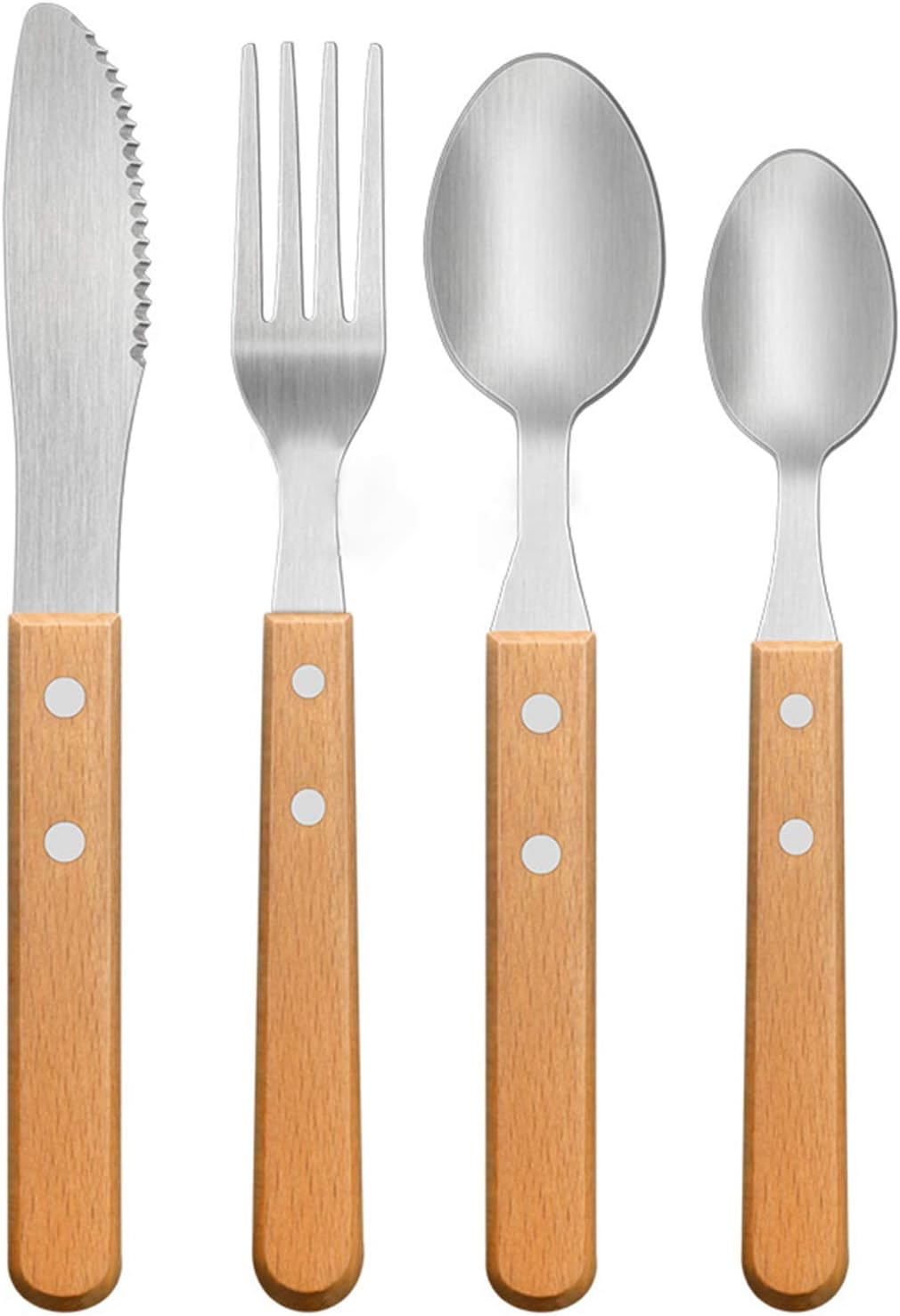 PDOOR Juego de Cubiertos de 4 Piezas Clásicos de Acero Inoxidable con Mango de Madera para el Hogar/Viajes/Escuela - Acabado Espejo y Apto para Lavavajillas