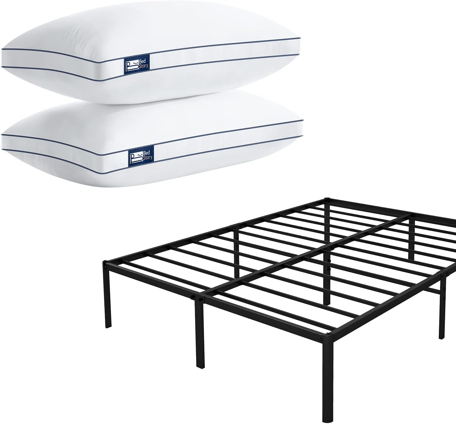 BedStory 2 Pack Queen Size Bed Pillows & 16 Inch Metal Platform Bed Frame Queen