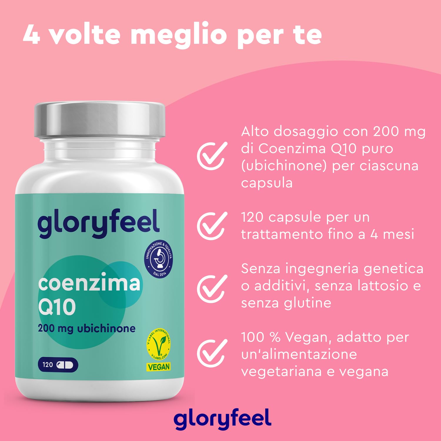 Q10 Coenzima 200 mg Puro, 120 Capsule Ad Alto Dosaggio (Scorta Per 4 Mesi), Coenzima Q10 Integratore Antiossidante Antiage, Capsule di Ubichinone, 100% Vegan, Testato in Laboratorio