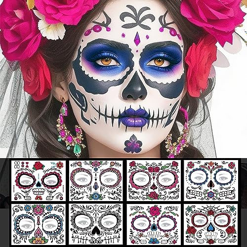 Day of the Dead Face Tattoos - 8 Pack Halloween Temporary Face Tattoos Sugar Skull Face Tattoo for Adult Women