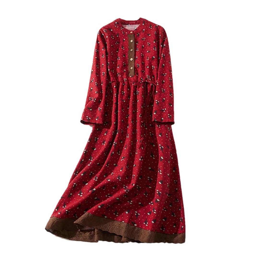 Vestido de retazos con estampado floral para mujer, de manga larga, cuello redondo, con cordón, casual, vestido midi