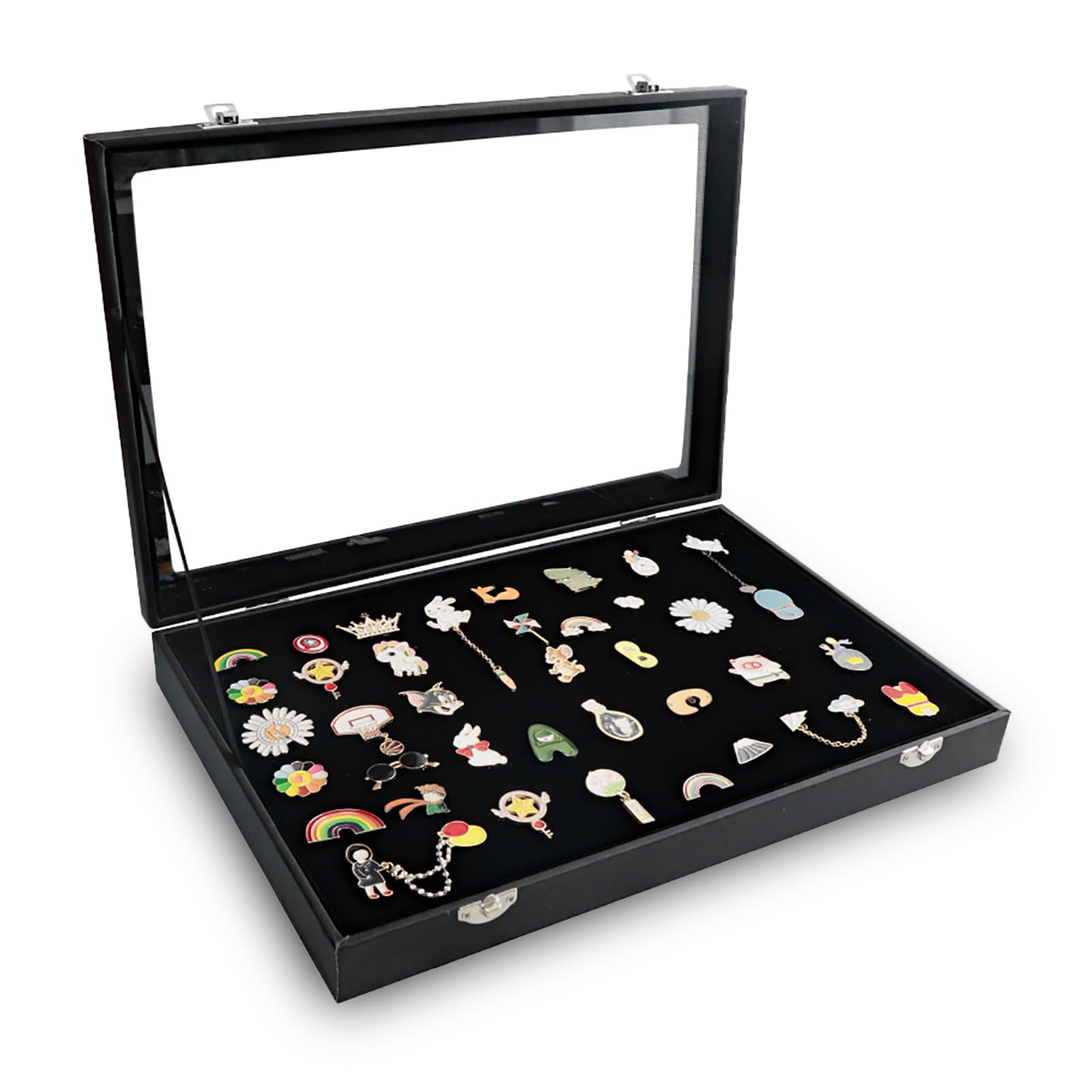 Badge vitrine display case grote capaciteit stofdicht glas pin collectie displaydoos kunstleder transparant voor sieraden (PU-leer, 35 x 24 x 5 cm/13,8 x 9,4 x 2,0 inch) display box Pude?ka