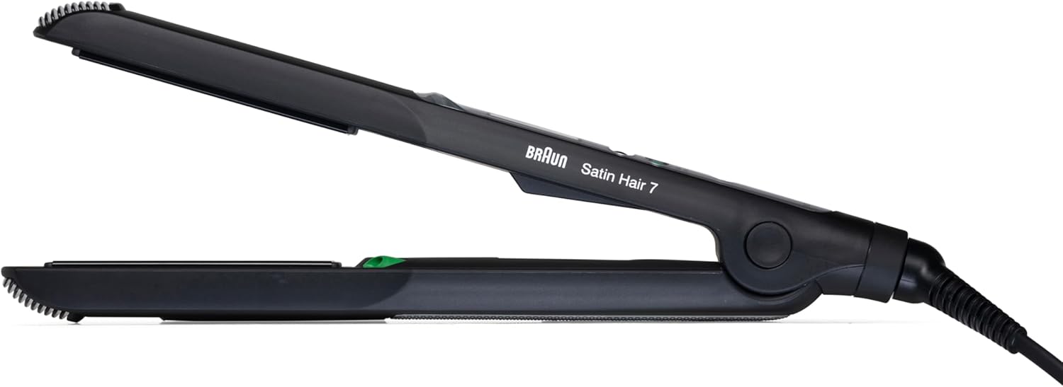Braun Satin Hair 7 ST710 straightener in a closed position, showing its sleek black design.