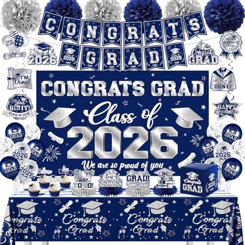 2026 Graduation Decorations Kit - Navy Blue Silver Class of 2026 Party Decor with Congrats Grad Banner Backdrop Hanging Swirls Paper Pompoms Balloons for High School College Graduation Party Supplies