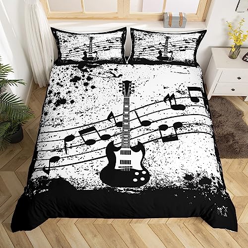 Homewish Vintage Guitar Comforter Cover Music Notes Bed Set, Musical Instrument Duvet Cover Double Retro Grunge Bedding Sets