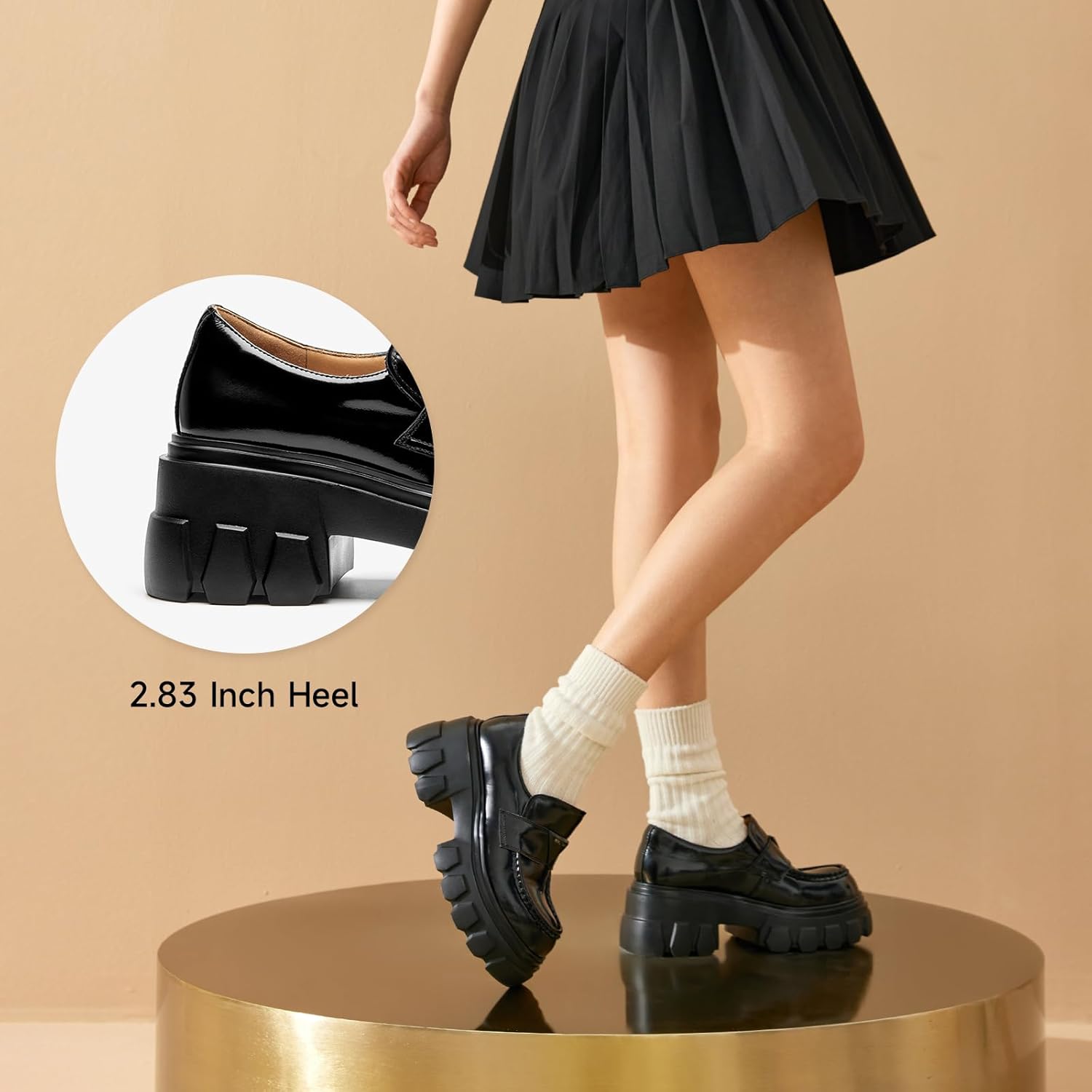 BEAU TODAY Platform Leather Loafers for Women, Chunky Lug Sole Loafers Women, Comfortable Slip-on Business Casual Non-Slip Round Toe Office Ladies Dress Shoes - Image 3