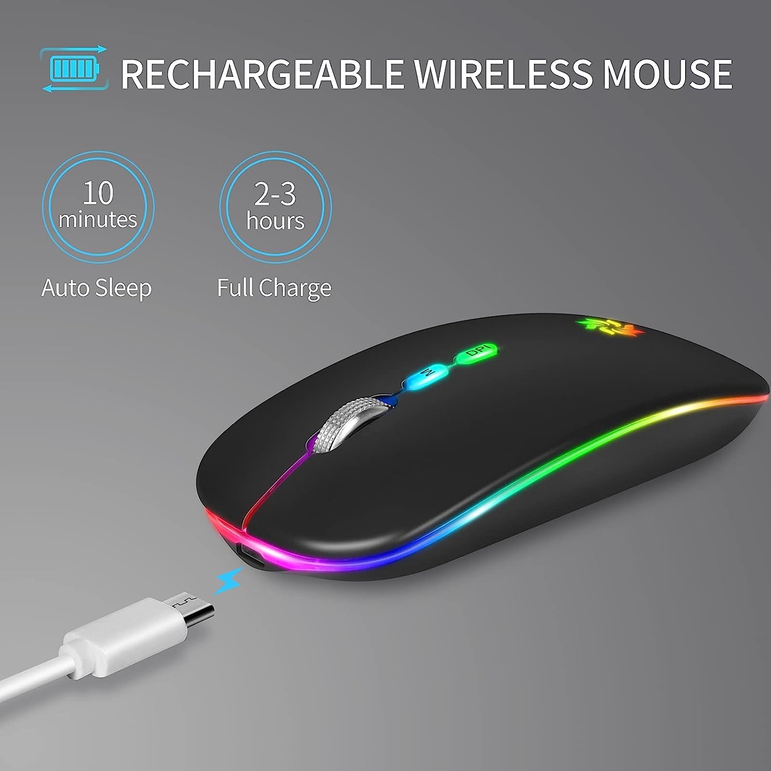 BAMCOO Mouse Wireless LED Mouse Silenzioso Sottile Mouse Wireless Ricaricabile per Computer 2.4G Mouse Wireless per Laptop, MacBook, iPad, Chromebook, con Ricevitore USB e Tipo C(Nero)