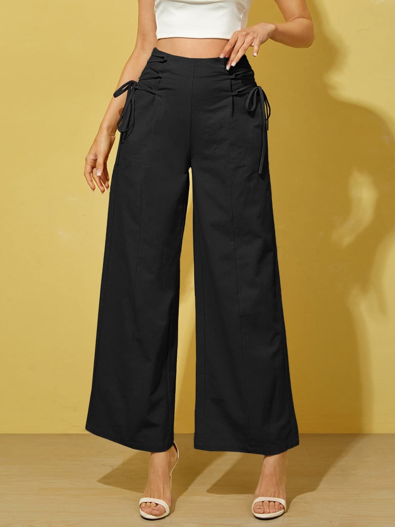 AVIMYA Womens Casual Pants High Waist Lace Up Wide Leg Pants for Work