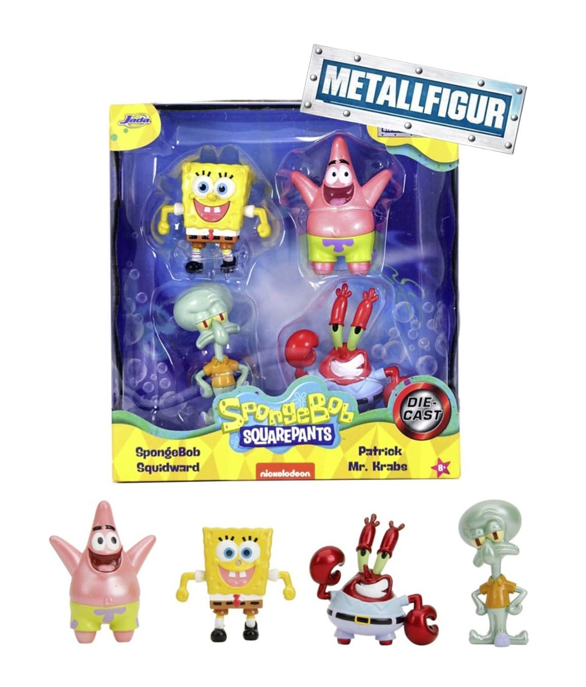 Jada- Set de 4 Figuras de Personajes Bob Esponja Hechas en Metal - Bob Esponja, Patricio, Calamardo, Don Cangrejo, 7cm, Producto Auténtico Oficial, A Partir de 3 años (253252042)
