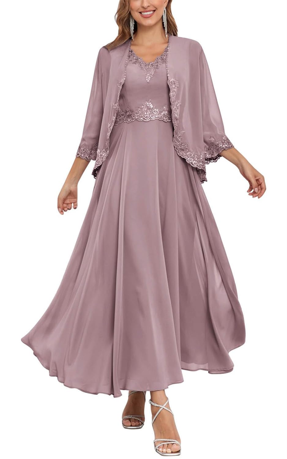 Kurface Women's Wisteria Mother Of The Bride Dresses With Lace Applique Jacket For Ankle Length Formal Party Gown Uk16