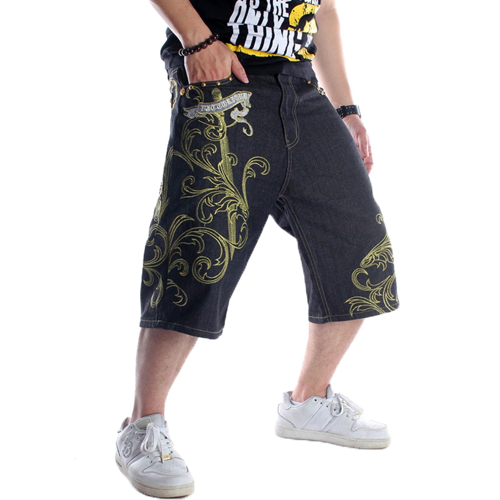 COOLMONARMen's Baggy Jean Shorts Classic Embroidery Hip Hop Demin Shorts Skateboard Jogging Dance Shorts