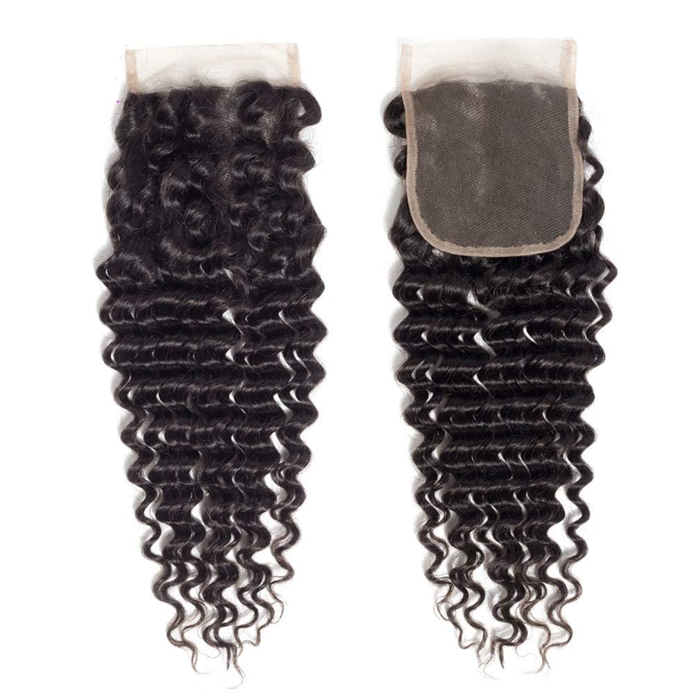 Brazilian Virgin Human Hair Deep Wave Lace Closure 4x4 Free Part 100% Unprocessed Virgin Deep Curly Human Hair Lace Closure Natural Black Color (16Inch - Image 2