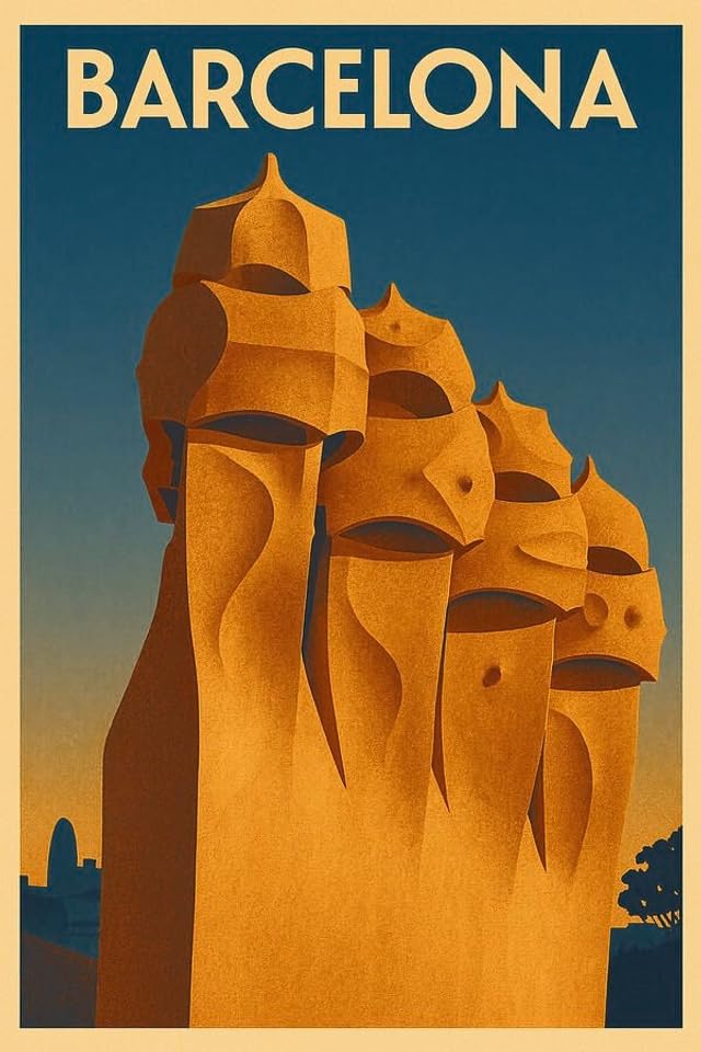 Póster de viaje de Barcelona con chimeneas de La Pedrera, cartel vintage Genérico BCN POSTERS
