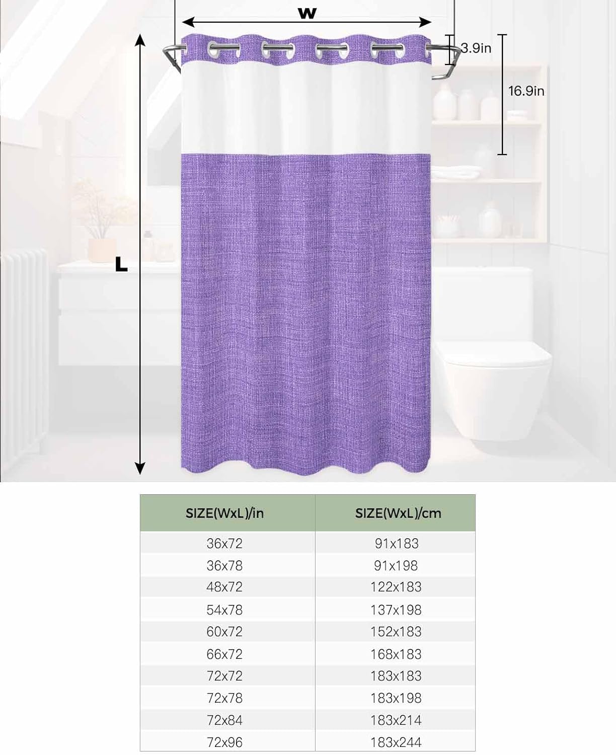 No Hook Shower Curtain and Snap in Liner Set, Vintage Purple Fabric Bathroom Stall Shower Curtains 36x72 Inch, See Through Mesh Top Window, Farmhouse Retro Beige Solid Color Hotel Style, Waterproof