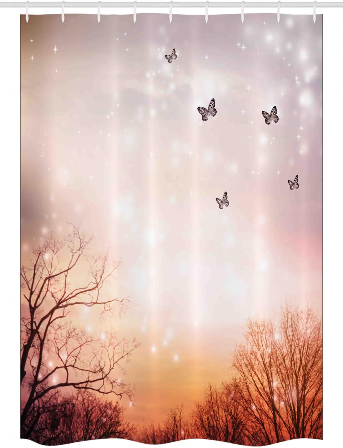 Ambesonne Butterfly Stall Shower Curtain, Dreamy Butterflies Over Trees Romantic Fantasy Blurry Sky Design, Fabric Bathroom Decor Set with Hooks, 54" W x 78" L, Pale Pink Orange