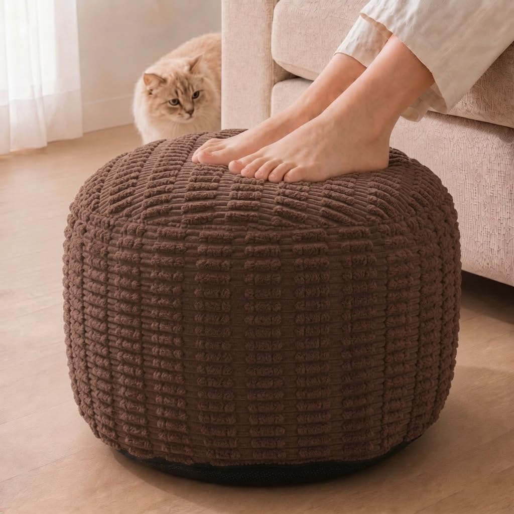 Round Pouf Ottoman, Chocolate Brown, 24"x14", Shredded Foam Fill