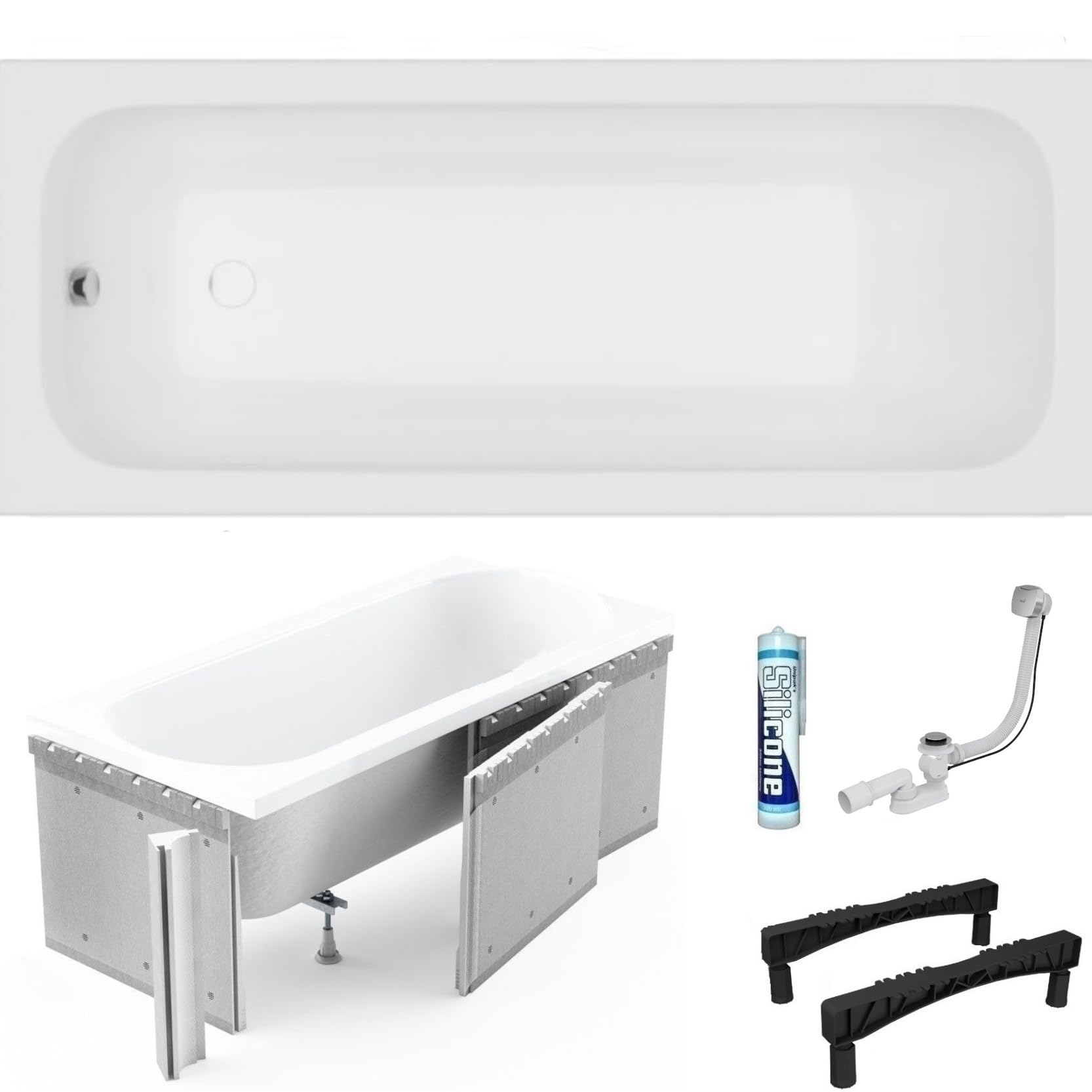 ECOLAM Baignoire Pola 180x75 cm revêtement polystyrène siphon silicone | Revêtement en polystyrène pour carrelage, Vidage et trop-plein automatique, Pieds inclus, Silicone inclus