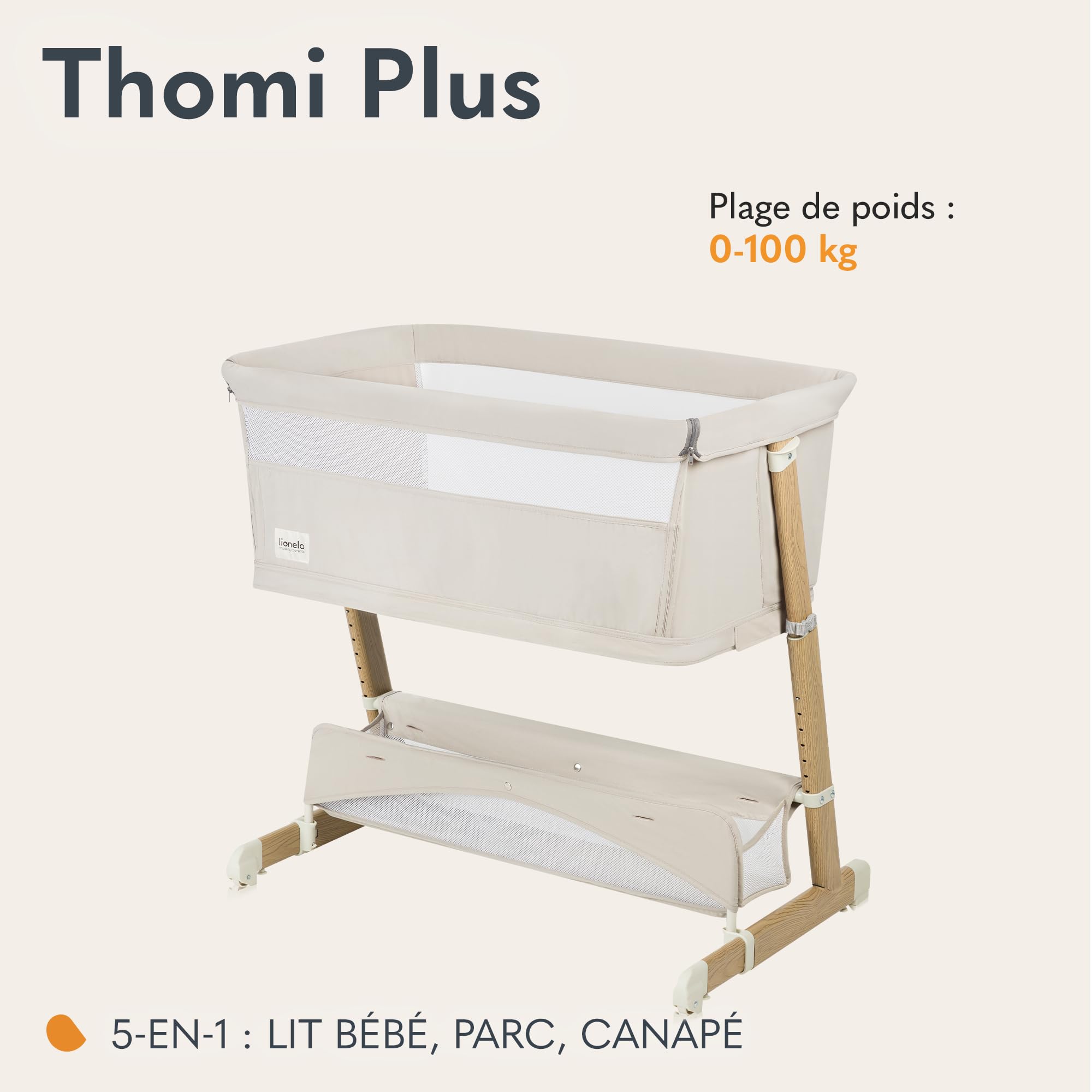 lionelo THOMI Plus 5 en 1 Lit Bébé sur Pied, Convertible jusqu'à 9 kg, pour Un Enfant Plus Âgé jusqu'à 30 kg, Parc Enfant Jusqu'à 15 kg, Canapé-Lit jusqu'à 100 kg Réglable en Hauteur, 2 Roues