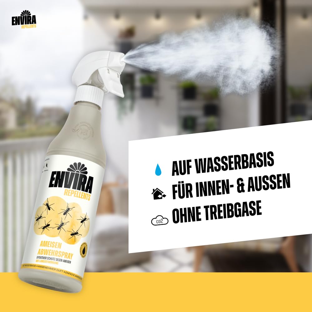 Envira Ameisen Spray 500ml – Ameisenspray gegen Wegameisen, Pharaoameisen, Waldameisen – Abwehrspray mit 3 Monate Langzeitwirkung – Ameisenmittel für Haus, Wohnung, Garten, Terrasse – Auf Wasserbasis