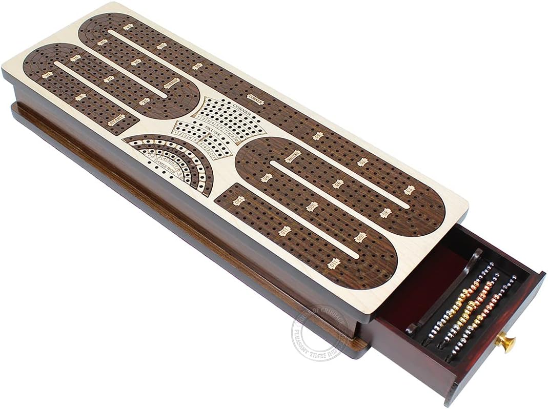 House of Cribbage - Continuous Cribbage Board/Box Inlaid in Maple/Rosewood : 4 Track - Storage Drawer for Pegs & Playing Cards - Score Marking Fields for Skunks, Corners and Won Games