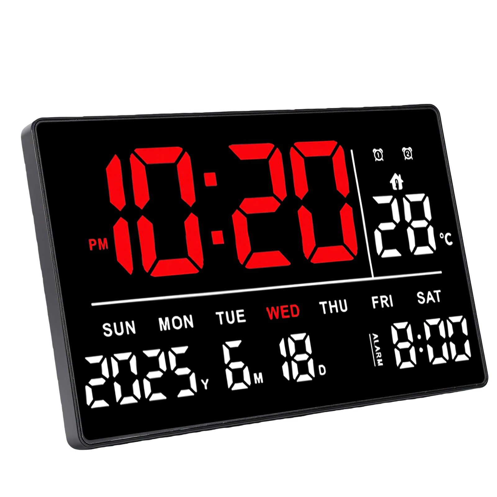 Brrnoo Orologio da Parete Digitale LED, Sveglia con Display Rosso Bianco Ora Data Temperatura Calendario Luminosità Regolabile for Casa Ufficio Scrivania