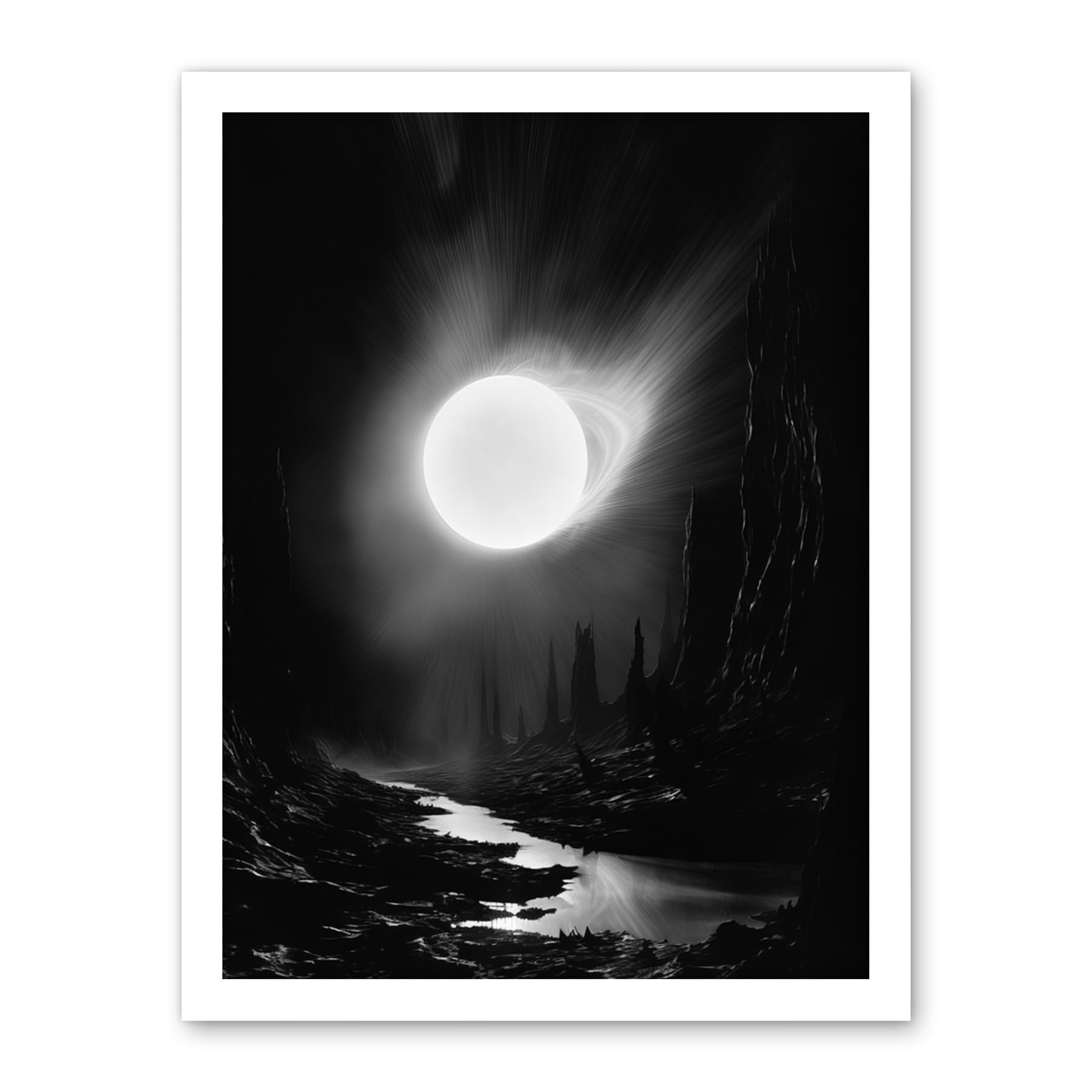 Artery8 Solar Flares Dramatic Fantasy Landscape Black and White Surreal Hades Underworld Artwork Framed Wall Art Print 18X24 Inch