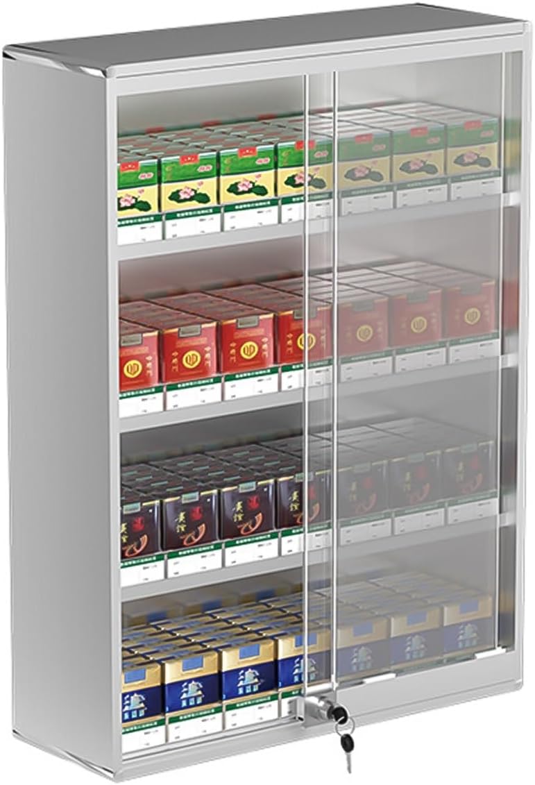 Lockable Aluminum Cigarette Display Holder, Wall-Mounted Retail Shelf with Auto Pusher, Secure Cabinet for Cigarettes (38.5x17.3x45cm & 44.5x17.3x60cm)