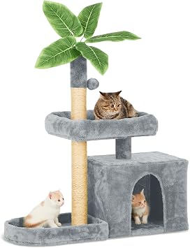 31.5" Cat Tree Tower for Indoor with Green Leaves, Cat Condo Cozy Plush House with Hang Ball and Leaf Shape Design, Cat Furniture Pet House with Scratching Posts, Grey