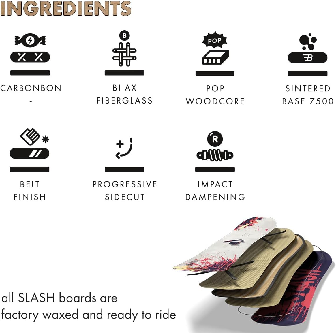 Slash by Gigi, Happy Place Snowboard, Carbonbon, Bi-Ax Fiberglass, Pop Woodcore, Sintered Base 7500, Belt Finish, Impact Dampening, Steel Edges, Factory Waxed, Tip Protectors, Kickstand