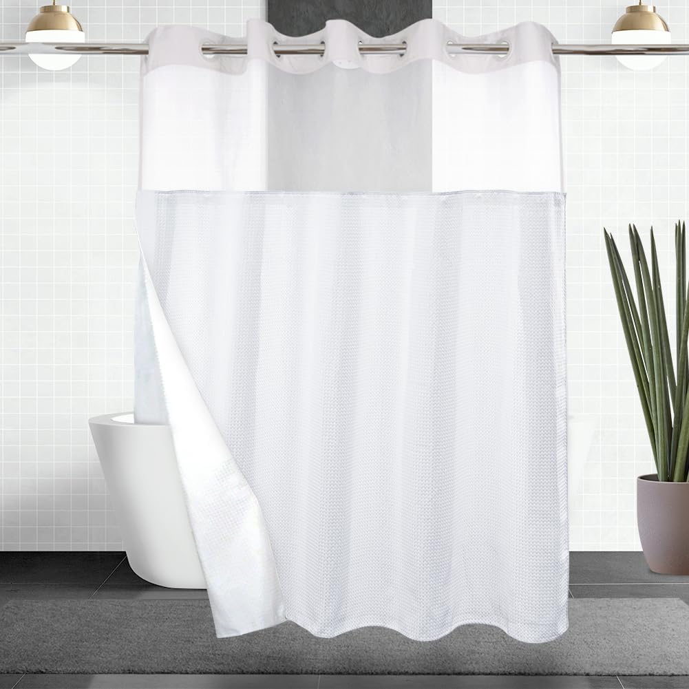 Comfecto No Hook Shower Curtain 71 x 80 Inch with Snap-in Fabric Liner, White Hotel Style Bathroom Curtain Set, Waterproof Washable Design, Easy Install No Rings Needed