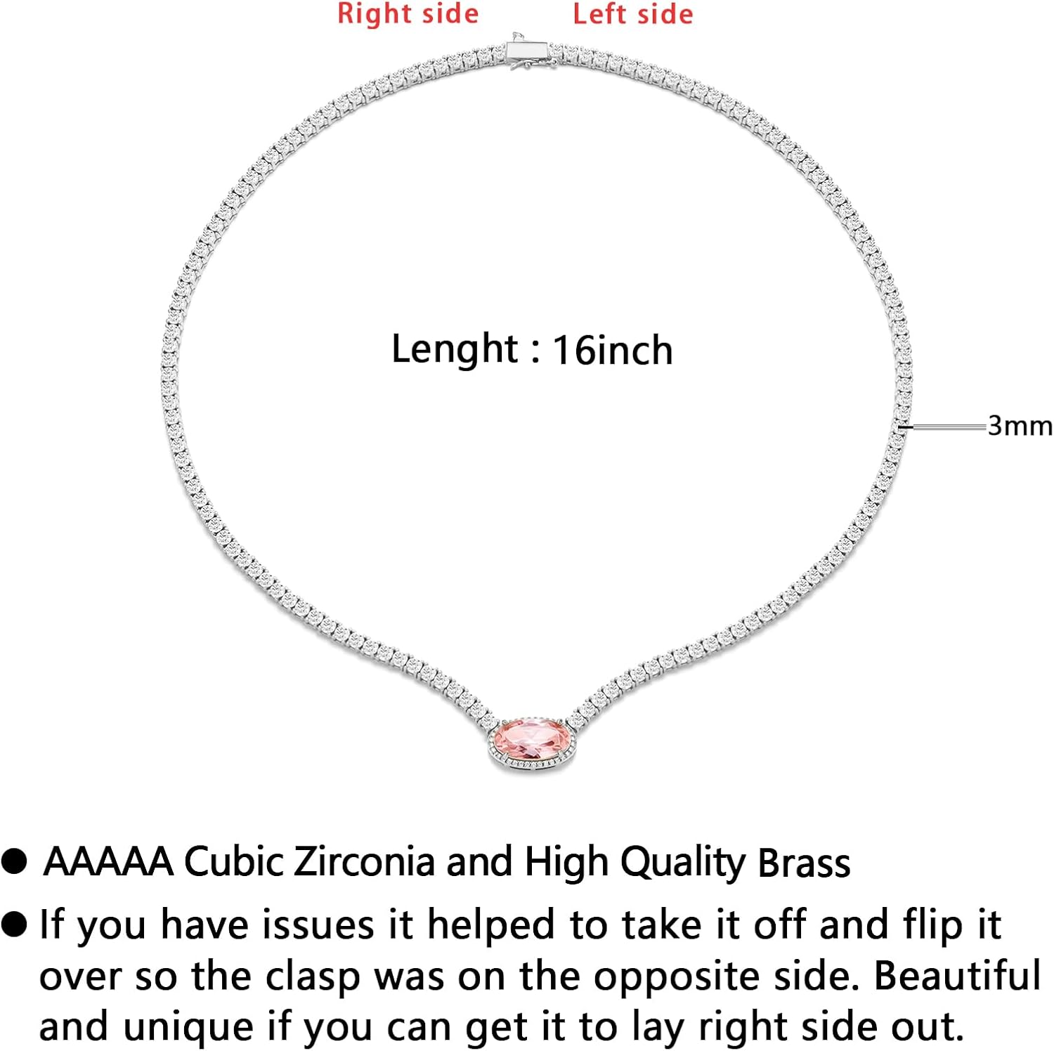 BREN Pendant Tennis Necklace for Women Men, 3mm 4 Prong 18K White/Yellow Gold Plated 16/18 inches Oval Cut Pink Pendant Cubic Zirconia Dainty Chain Jewelry Gift