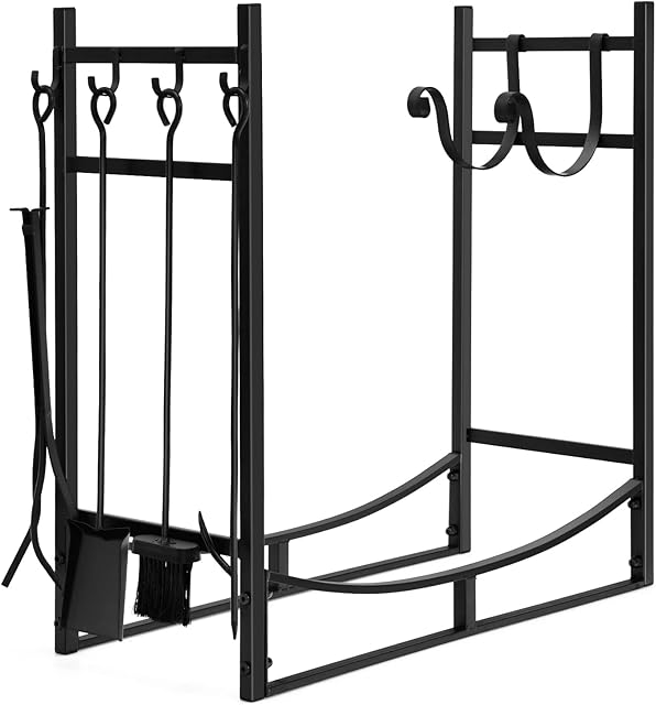 GiantexUK Heavy Duty Firewood Rack, Black Metal Frame Log Baskets with Fireplace Tool Set, Indoor Outdoor Wood Storage Holder (90 x 33 x 77cm)