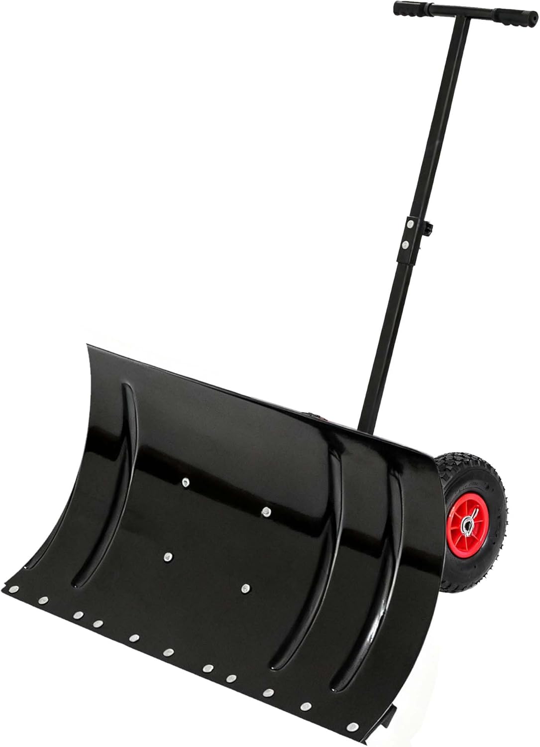 30 Inch Metal Snow Pusher with 2 Wheels, Adjustable Height Handle and 45 Degree Pivoting Blade, Ergonomic Steel Snow Shovel for Driveway and Sidewalk, Rust-Resistant Snow Removal Tool (Black)
