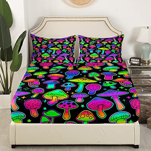 Cute Mushroom Bed Sheets Queen,Purple Teal Mushrooms Sheet Set For Kids Girls Teens Women,Hippie Botanical Bedding Set Colorful Wild Plants Stars Decor Fitted Sheet + Flat Sheet + 2 Pillow Cases #TOP2
