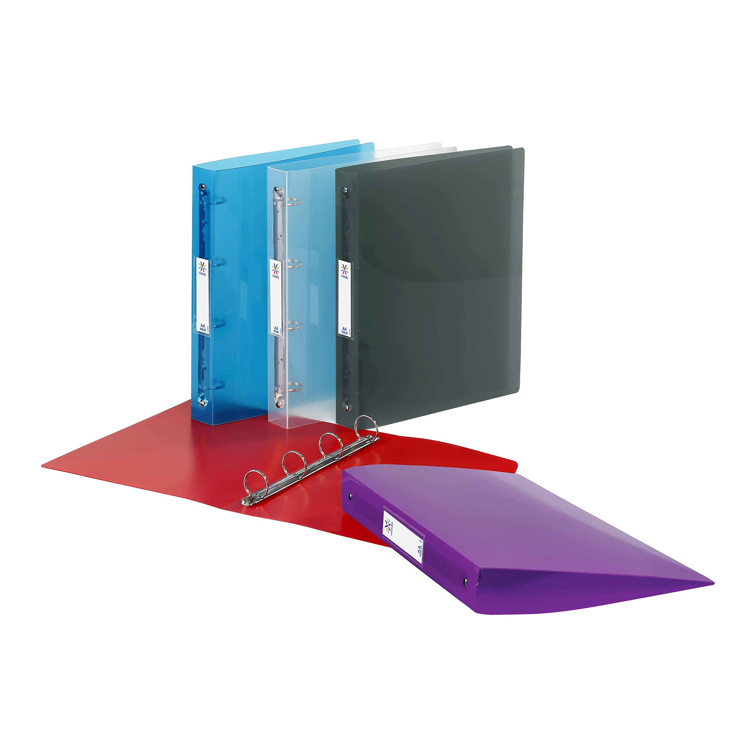 Propyglass - Confezione da 18 raccoglitori in plastica, formato A4, 4 anelli, dorso di 4 cm, con etichetta identificativa, 5 colori assortiti